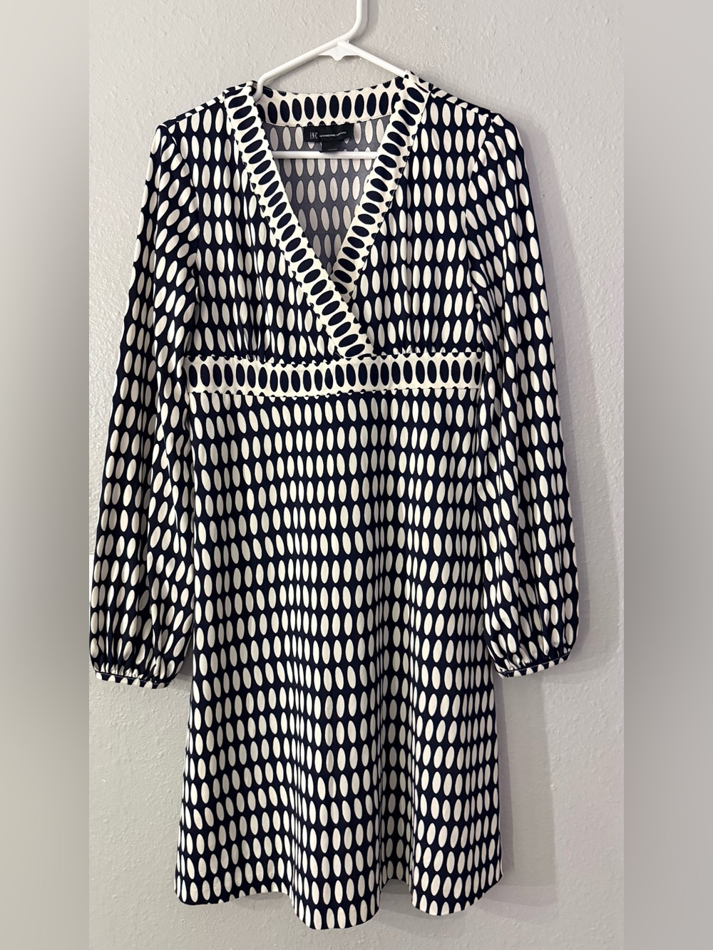 INC International Concepts Navy and White Oval Print V-Neck Tunic